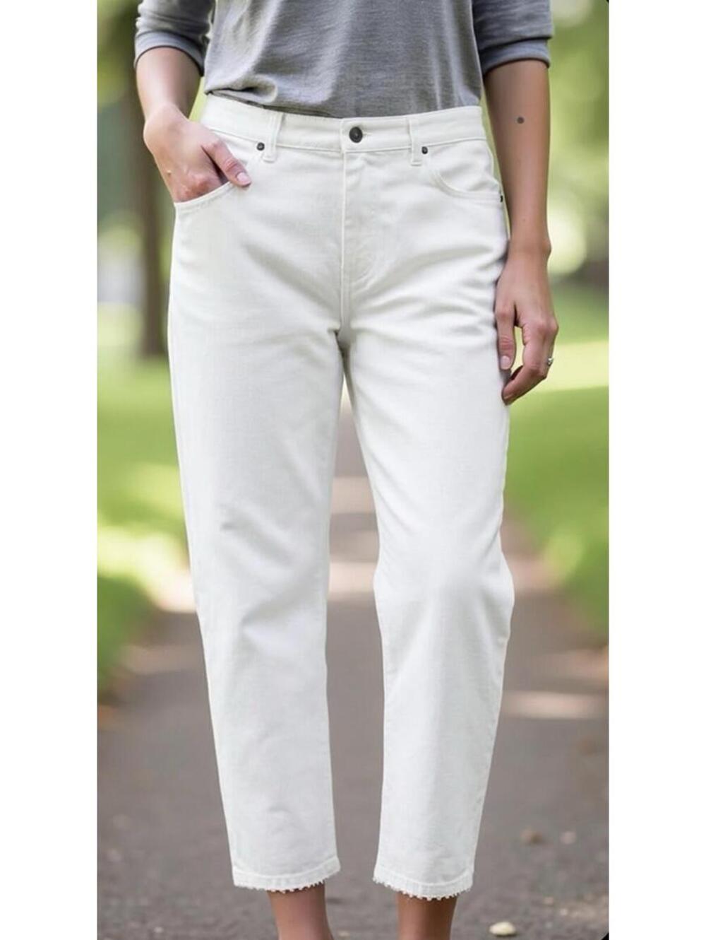 LRL LAUREN JEANS NWOT WOMENS STRAIGHT CROPPED POM TRIM JEANS IN WHITE-SIZE 12